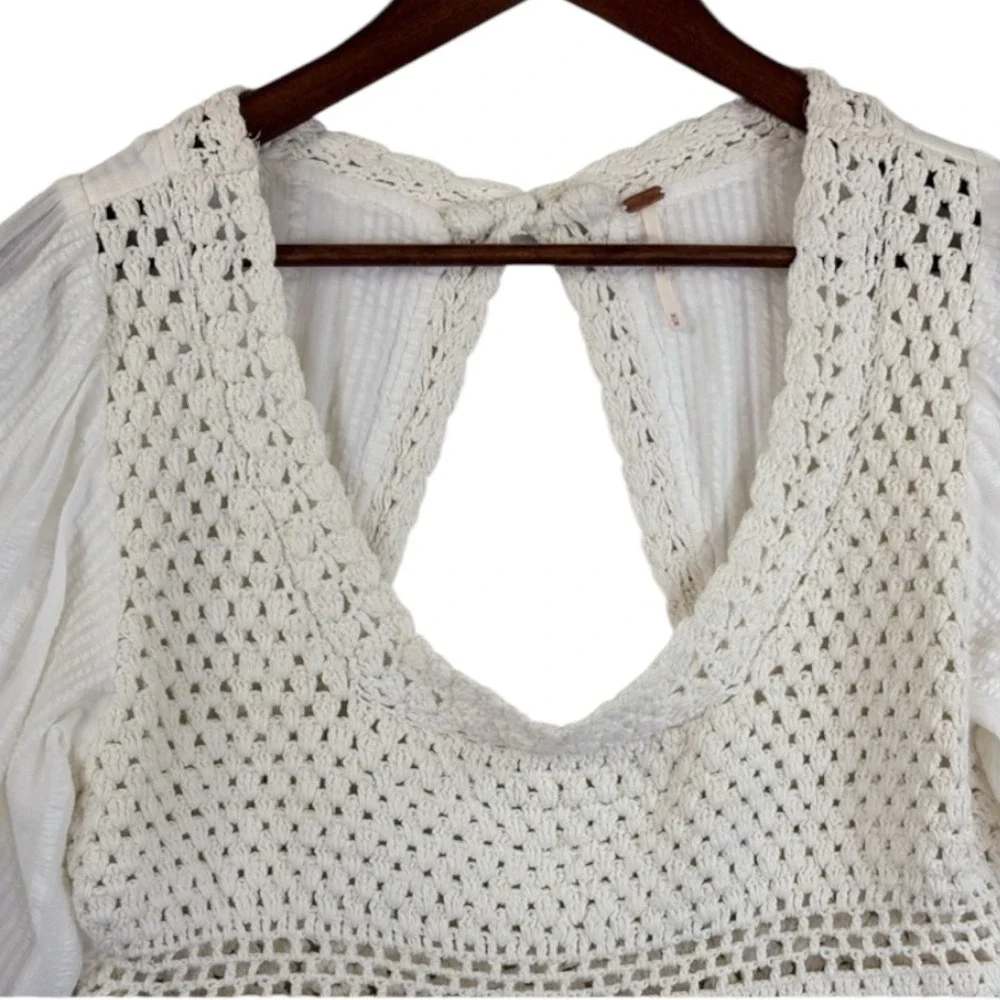 Free People Meghan Crochet Long Sleeve Boho Crop Top XS Cream‎ Ivory Festival